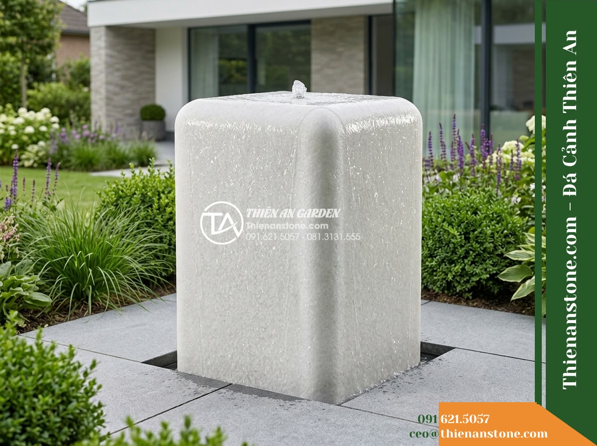 Đài Phun Khối Bo Vuông Khò Mặt Nước, 60x60cm Cao 90cm - Hình 20 Đài Phun Khối Bo Vuông Khò Mặt Nước, 60x60cm Cao 90cm - Inspiring eye-level shot of the completed 60x60cm H90cm stone fountain operating
