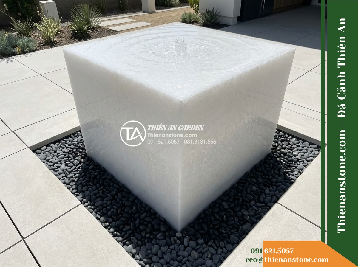 Đài Phun Khối Bo Vuông Khò Mặt Nước, 60x60cm Cao 90cm - Hình 6 Đài Phun Khối Bo Vuông Khò Mặt Nước, 60x60cm Cao 90cm - High angle plan-perspective view showing the 60x60cm stone fountain footprint su
