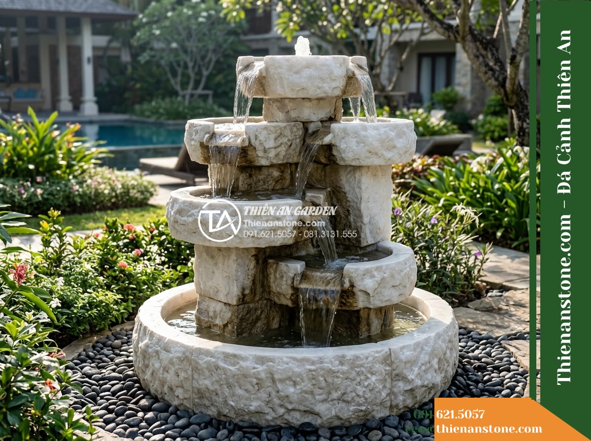 Đài Phun Khối Suối Đa Tầng Mộc Mạc, D80cm Cao 1.2m