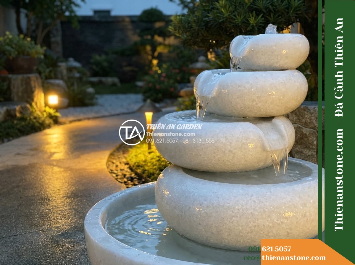 Đài Phun Khối Suối Tròn Xếp Chồng, D80cm Cao 90cm - Hình 14 Đài Phun Khối Suối Tròn Xếp Chồng, D80cm Cao 90cm - A serene evening scene showing the rounded stone fountain in full operation alon