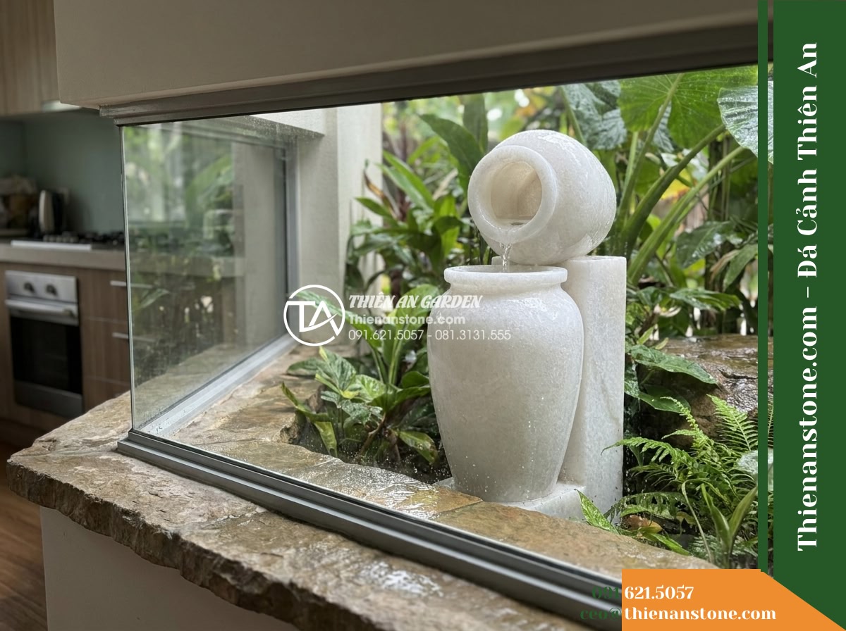 Đài Phun Lu Nước Xếp 2 Tầng Lệch, D40cm Cao 90cm - Hình 10 Đài Phun Lu Nước Xếp 2 Tầng Lệch, D40cm Cao 90cm - Alternative perspective shot from inside the kitchen looking through a low glass
