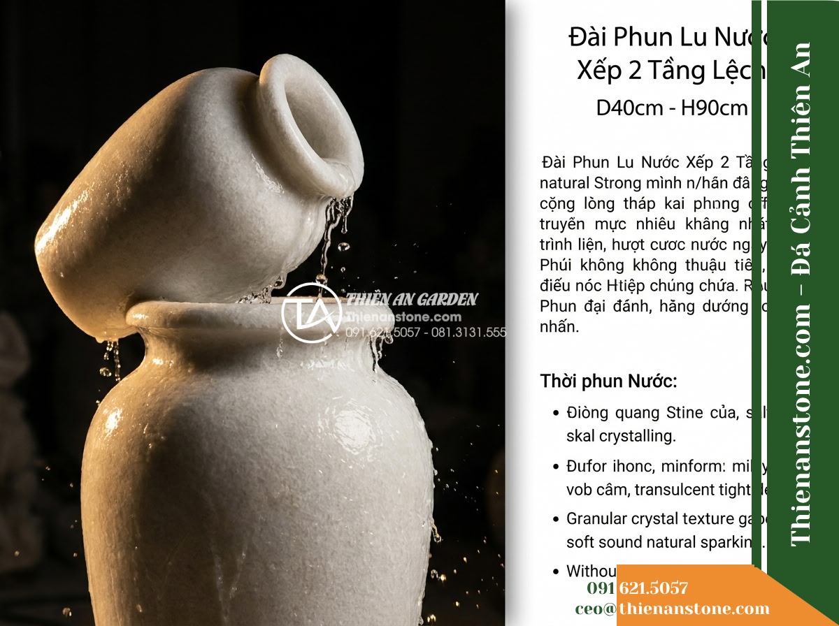 Đài Phun Lu Nước Xếp 2 Tầng Lệch, D40cm Cao 90cm - Hình 13 Đài Phun Lu Nước Xếp 2 Tầng Lệch, D40cm Cao 90cm - Dramatic close-up under angled warm artificial spot lighting, highlighting the c
