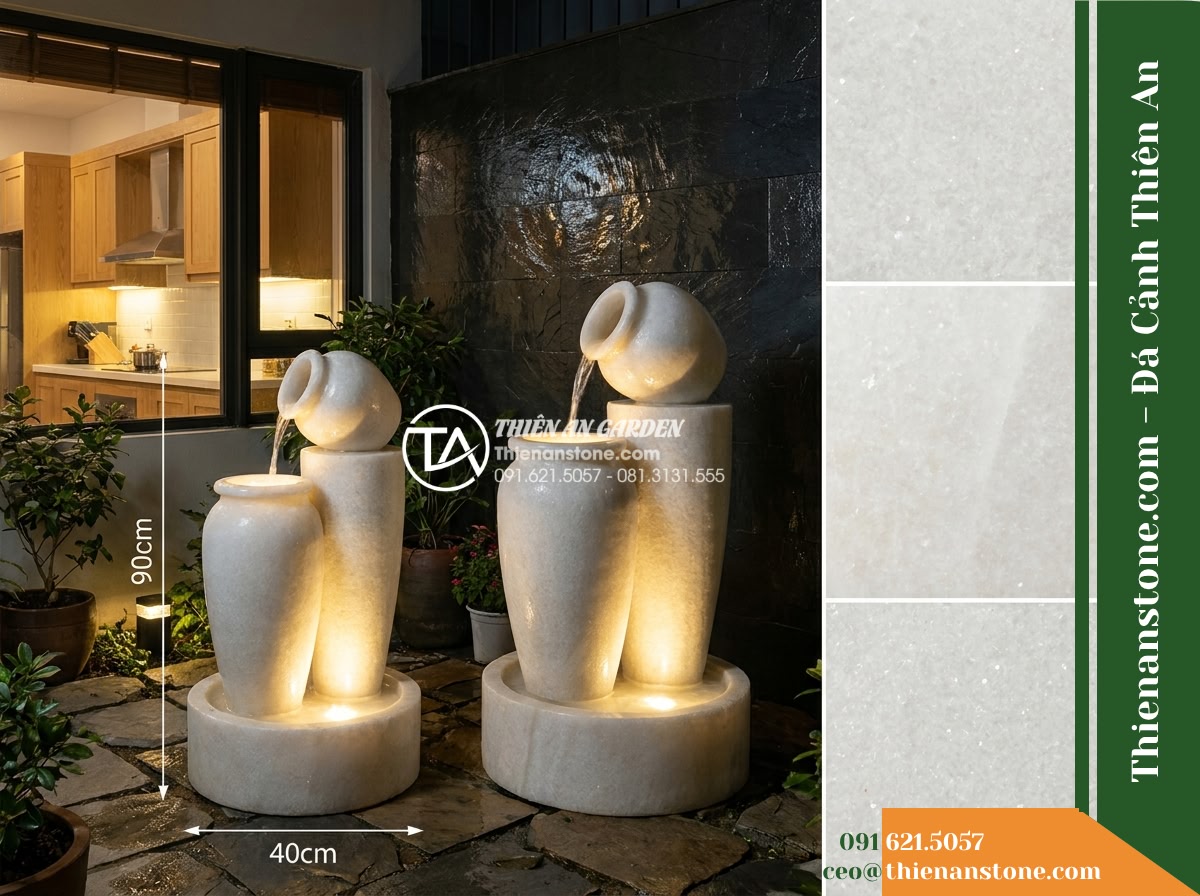 Đài Phun Lu Nước Xếp 2 Tầng Lệch, D40cm Cao 90cm - Hình 14 Đài Phun Lu Nước Xếp 2 Tầng Lệch, D40cm Cao 90cm - Night landscape view of the kitchen side courtyard with the illuminated stone ja