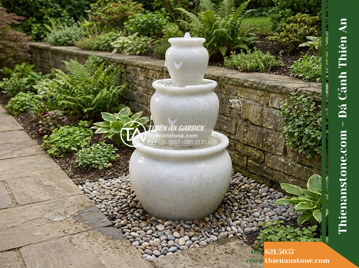 Đài Phun Lu Tháp 3 Lu Chồng Tầng, D50cm Cao 1.2m