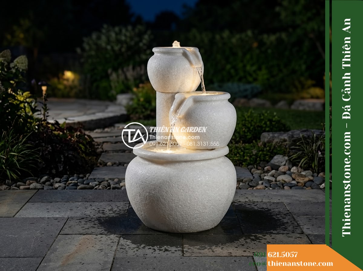 Đài Phun Lu Tháp 3 Lu Chồng Tầng, D50cm Cao 1.2m