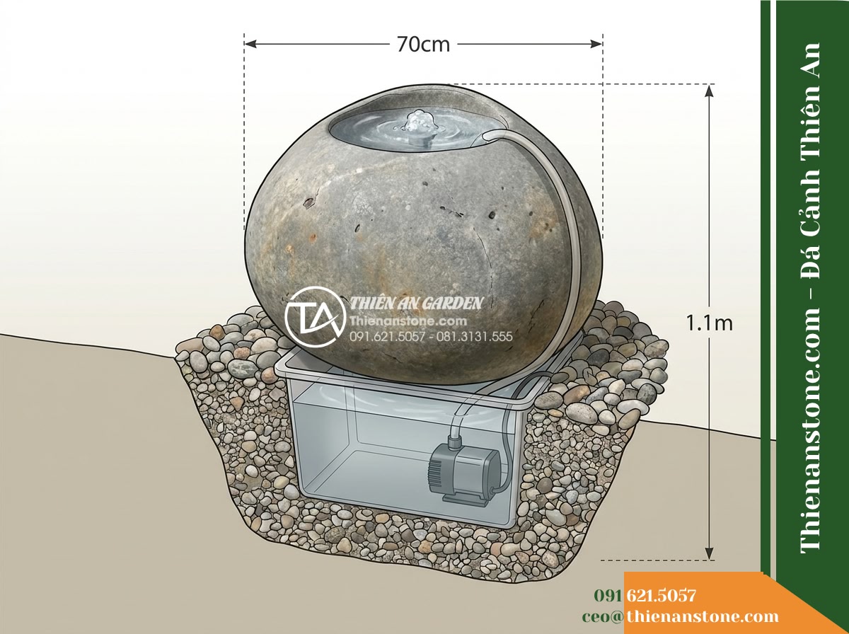 Đài Phun Sỏi Biển Bo Tròn Xếp Xéo, D70cm Cao 1.1m - Hình 17 Đài Phun Sỏi Biển Bo Tròn Xếp Xéo, D70cm Cao 1.1m - Technical cutaway view illustrating the 70cm diameter stone body resting on a co