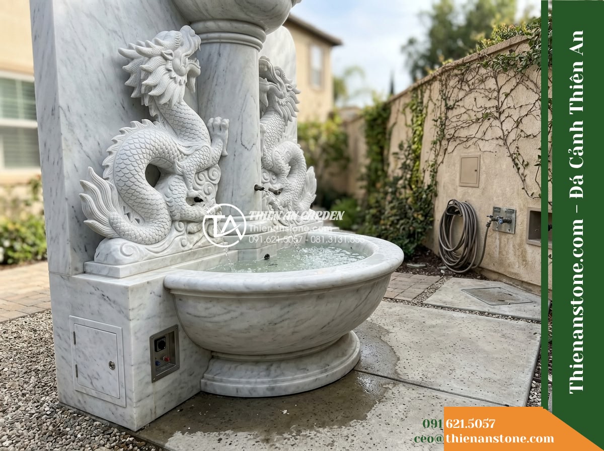 Đài Phun Song Long Chầu Trụ Phun Nước, Bát D1.5m Cao 2.2m
