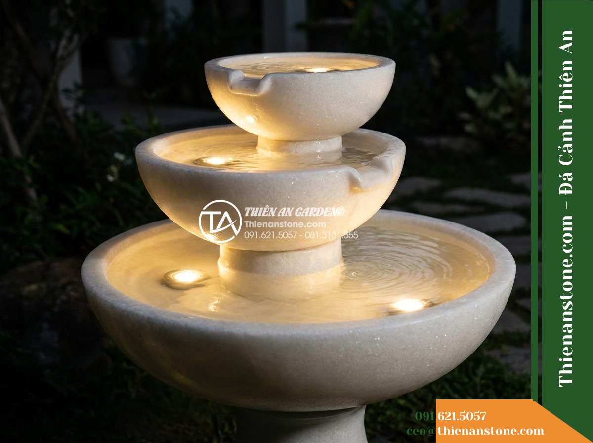 Đài Phun Tam Bát Nối Tiếp 3 Tầng, Bát D80cm Cao 1.1m - Hình 13 Đài Phun Tam Bát Nối Tiếp 3 Tầng, Bát D80cm Cao 1.1m - Atmospheric night shot featuring low-voltage warm LED spotlights placed beneath