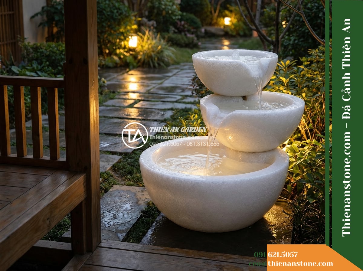 Đài Phun Tam Bát Nối Tiếp 3 Tầng, Bát D80cm Cao 1.1m - Hình 14 Đài Phun Tam Bát Nối Tiếp 3 Tầng, Bát D80cm Cao 1.1m - Subtle evening garden shot showing the gently illuminated stone fountain viewed
