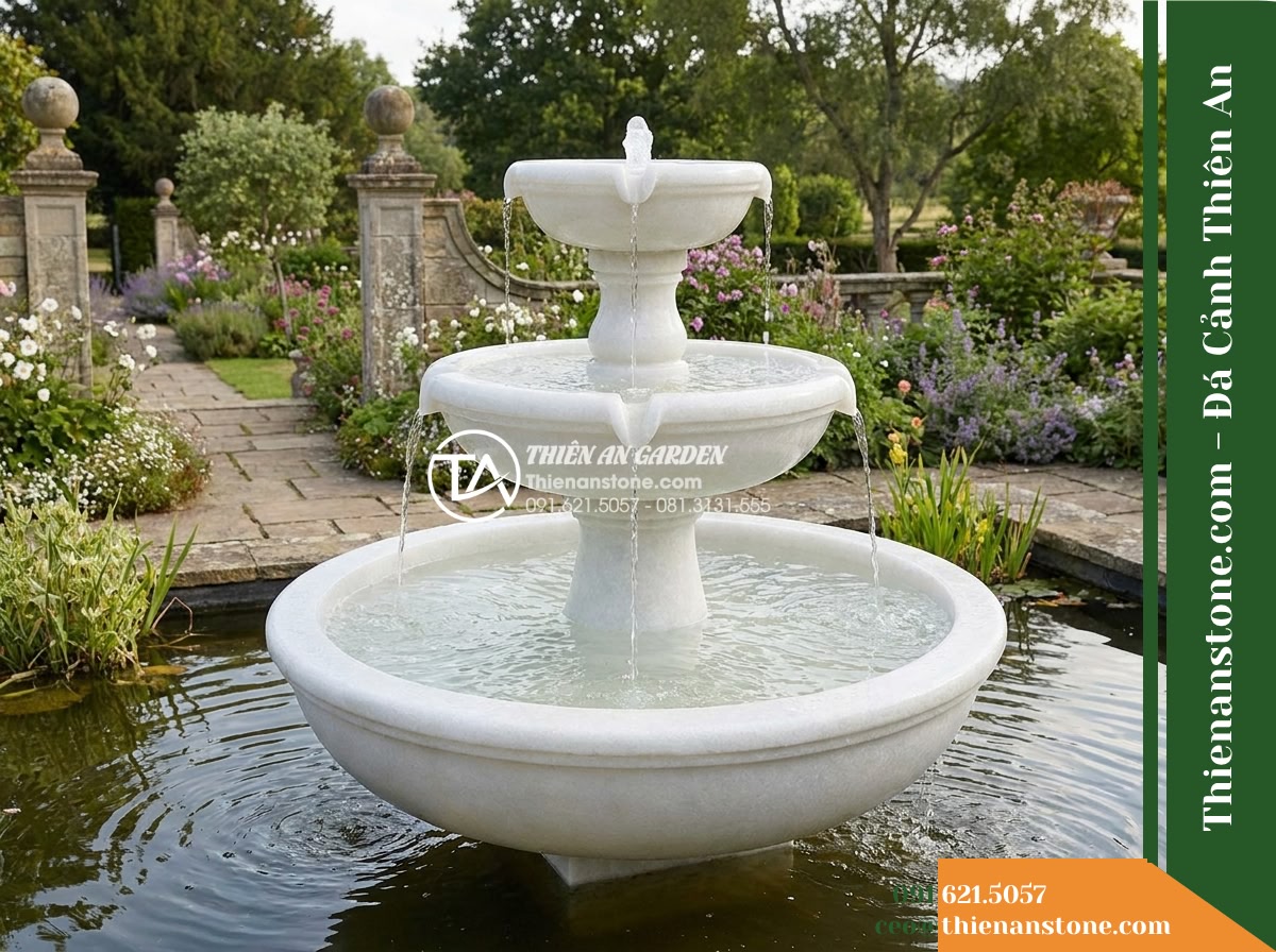 Đài Phun Tam Bát Nối Tiếp 3 Tầng, Bát D80cm Cao 1.1m - Hình 20 Đài Phun Tam Bát Nối Tiếp 3 Tầng, Bát D80cm Cao 1.1m - Serene wide garden perspective displaying the fully finished three-tier natural