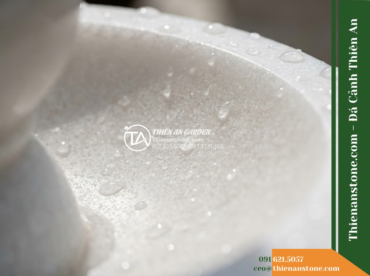 Đài Phun Tam Bát Nối Tiếp 3 Tầng, Bát D80cm Cao 1.1m - Hình 3 Đài Phun Tam Bát Nối Tiếp 3 Tầng, Bát D80cm Cao 1.1m - Detailed macro close-up of the honed interior surface of the carved stone bowl,