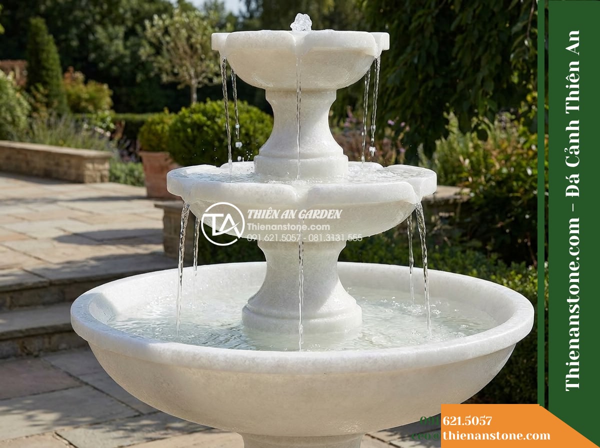 Đài Phun Tam Bát Nối Tiếp 3 Tầng, Bát D80cm Cao 1.1m - Hình 8 Đài Phun Tam Bát Nối Tiếp 3 Tầng, Bát D80cm Cao 1.1m - Side profile view illustrating the dynamic water trajectory falling gracefully f