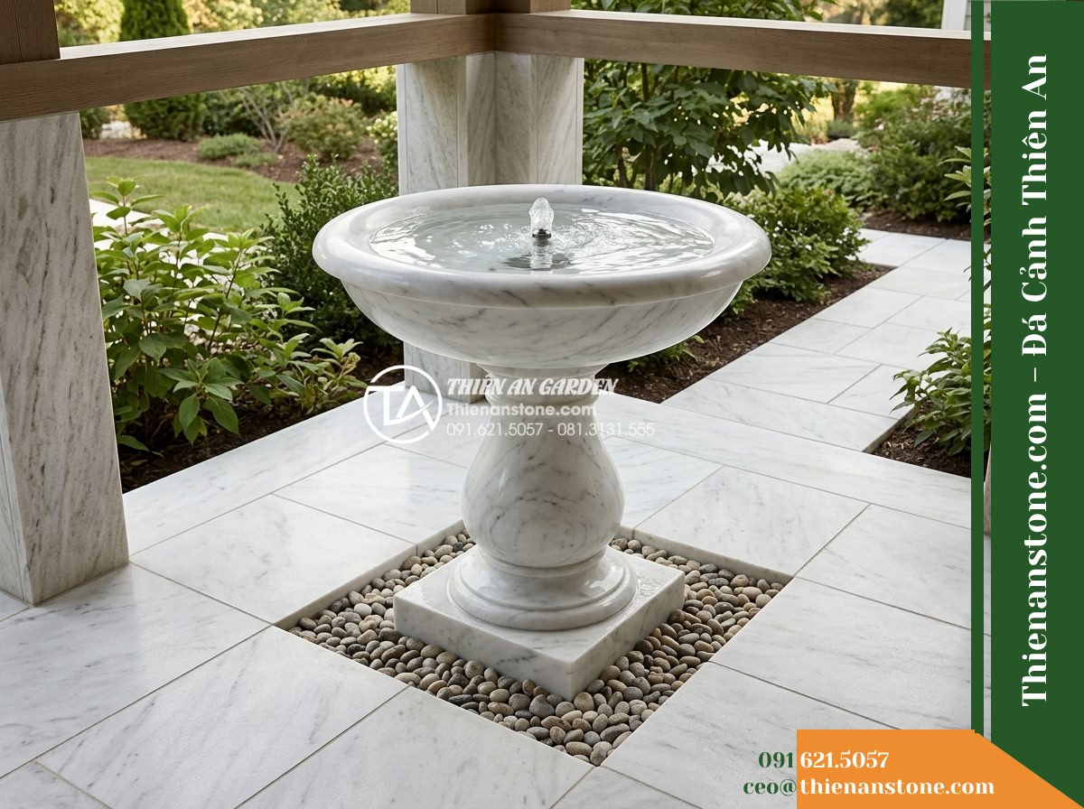 Đài Phun Trắng Mịn Vành Bo Tròn Lụa, Bát D80cm Cao 1.2m - Hình 10 Đài Phun Trắng Mịn Vành Bo Tròn Lụa, Bát D80cm Cao 1.2m - Alternative architectural perspective of the same porch corner fountain setup sh