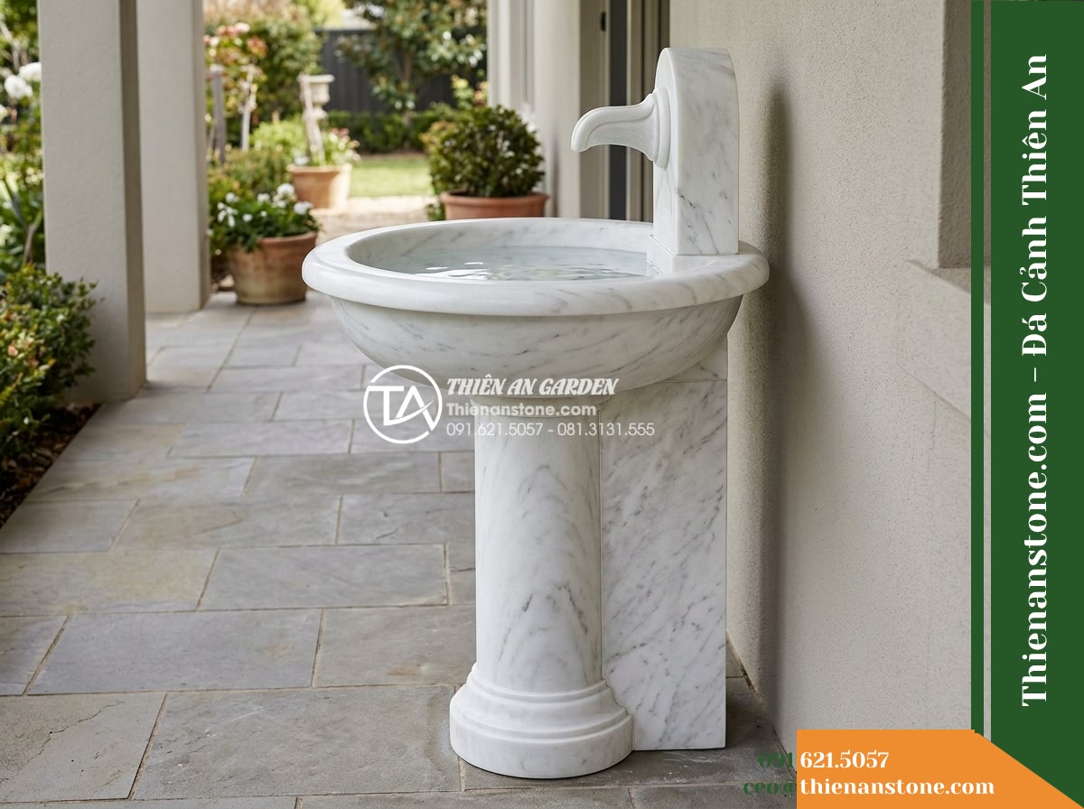 Đài Phun Trắng Mịn Vành Bo Tròn Lụa, Bát D80cm Cao 1.2m - Hình 16 Đài Phun Trắng Mịn Vành Bo Tròn Lụa, Bát D80cm Cao 1.2m - Rear access angle on a residential porch showing convenient clearance between th