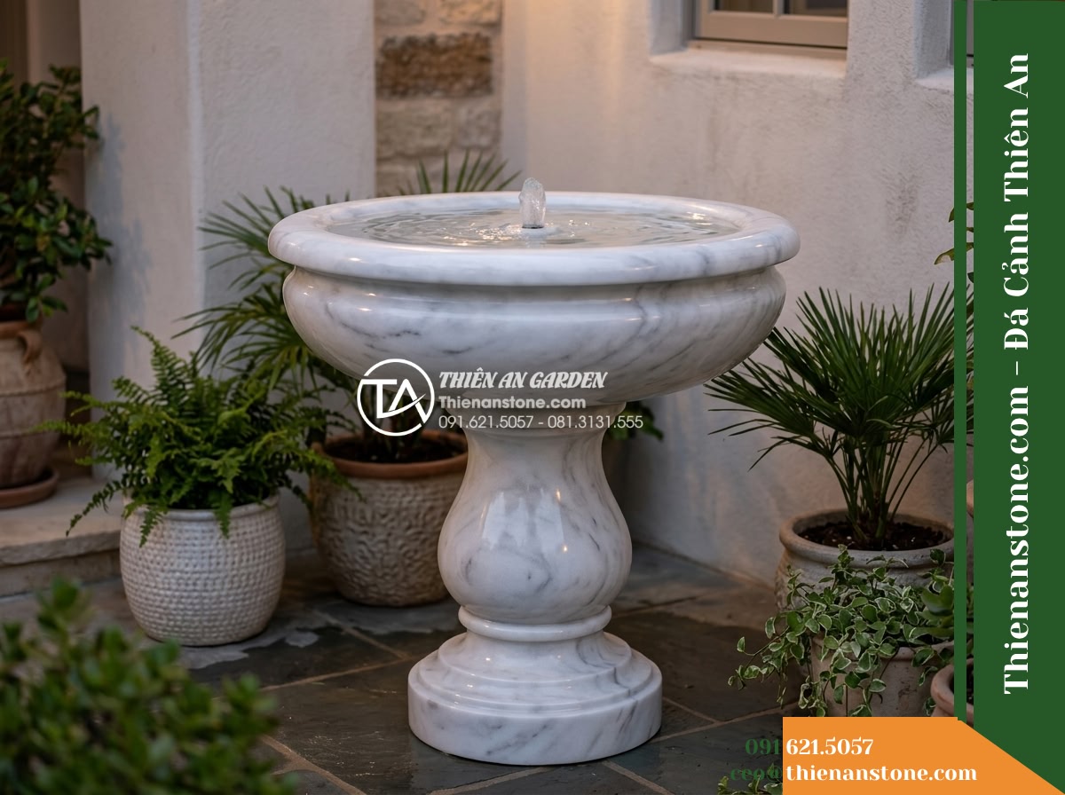 Đài Phun Trắng Mịn Vành Bo Tròn Lụa, Bát D80cm Cao 1.2m - Hình 20 Đài Phun Trắng Mịn Vành Bo Tròn Lụa, Bát D80cm Cao 1.2m - Final poetic perspective view of the compact porch oasis at dusk, natural white