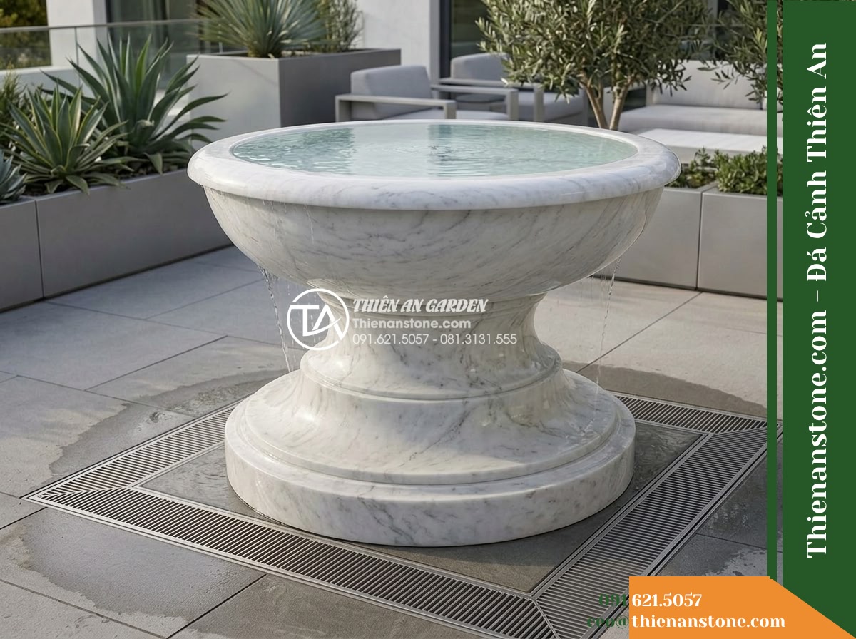 Đài Phun Trắng Mịn Vành Bo Tròn Lụa, Bát D80cm Cao 1.2m - Hình 6 Đài Phun Trắng Mịn Vành Bo Tròn Lụa, Bát D80cm Cao 1.2m - Slightly elevated view overlooking the D80cm circular fountain bowl showing clea