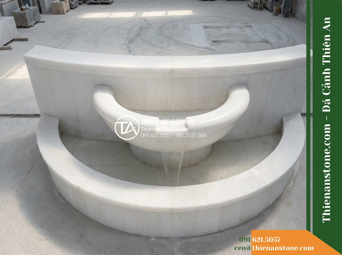 Đài Phun Trắng Ngọc Bát Bán Nguyệt, Bát D1.2m Cao 1.6m - Hình 6 Đài Phun Trắng Ngọc Bát Bán Nguyệt, Bát D1.2m Cao 1.6m - Elevated bird-eye angle view revealing the horizontal semi-circular footprint of