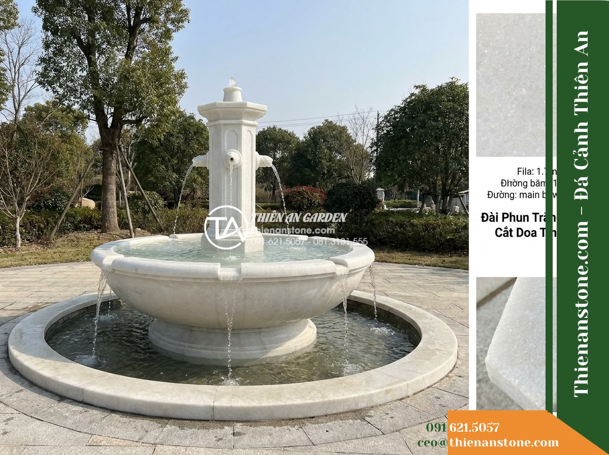Đài Phun Trắng Sáng Cắt Doa Tinh Tế, Bát D1.2m Cao 1.7m - Hình 18 Đài Phun Trắng Sáng Cắt Doa Tinh Tế, Bát D1.2m Cao 1.7m - Comprehensive view showing the white stone fountain positioned with ample perime