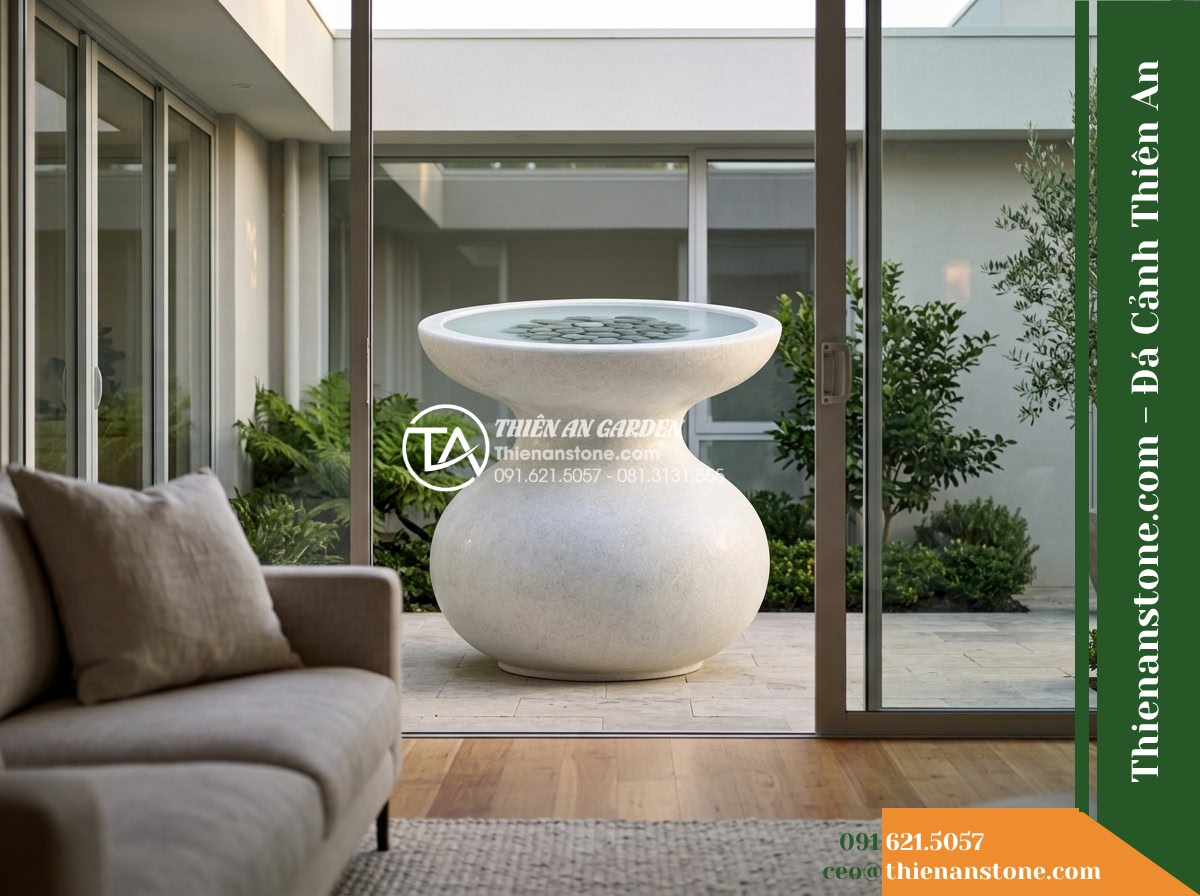 Đài Phun Trắng Tinh Khiết Dáng Bầu, Bát D1m Cao 1.4m - Hình 20 Đài Phun Trắng Tinh Khiết Dáng Bầu, Bát D1m Cao 1.4m - A serene concluding architectural perspective looking from the comfortable inter
