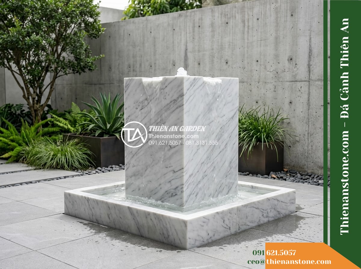 Đài Phun Trắng Vân Xám Khối Vuông, 80x80cm Cao 1.2m