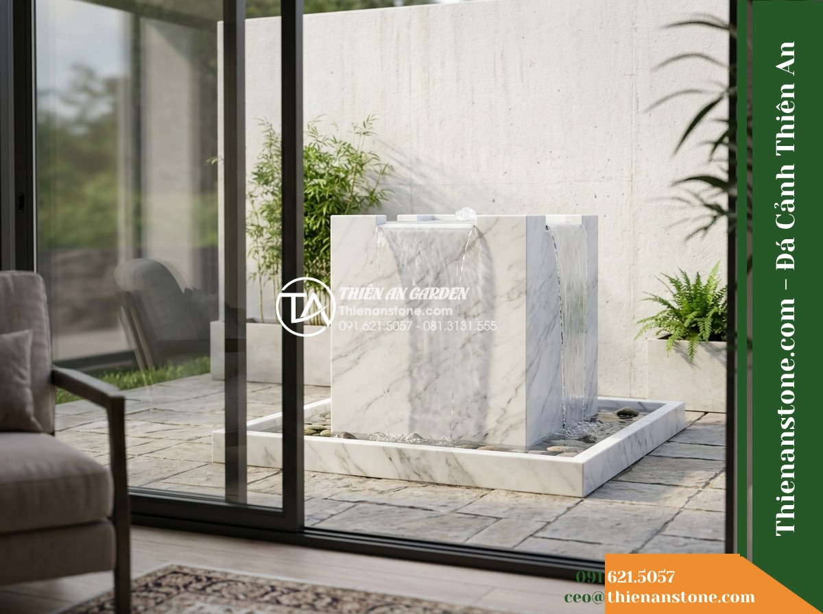 Đài Phun Trắng Vân Xám Khối Vuông, 80x80cm Cao 1.2m
