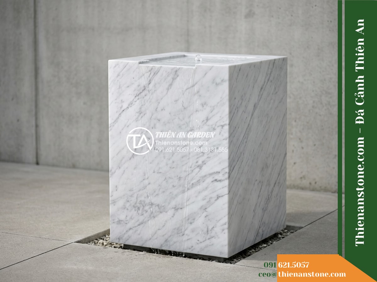 Đài Phun Trắng Vân Xám Khối Vuông, 80x80cm Cao 1.2m