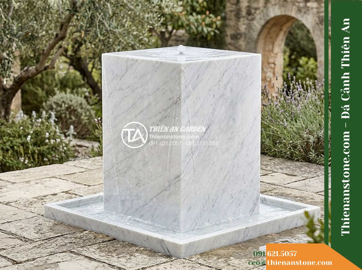 Đài Phun Trắng Vân Xám Khối Vuông, 80x80cm Cao 1.2m