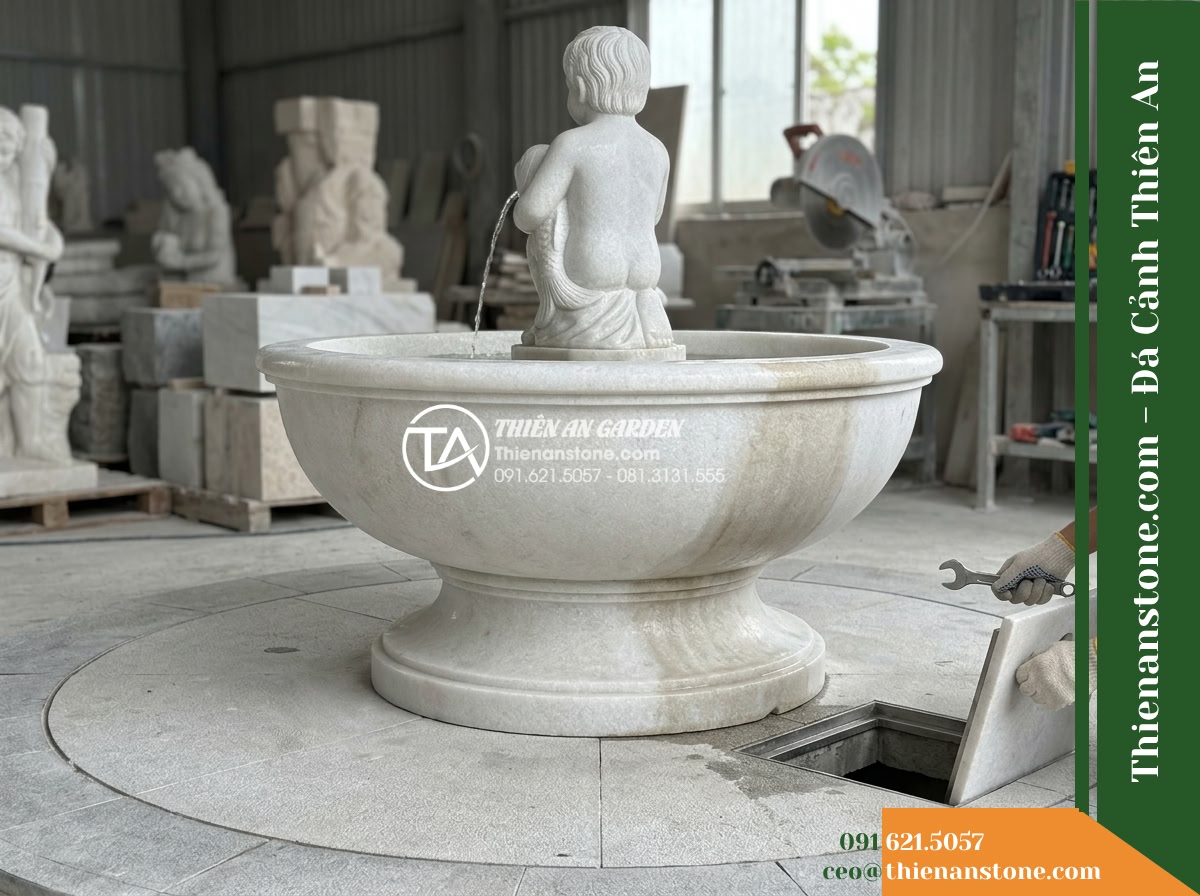 Đài Phun Tượng Chú Bé Ôm Cá Nhả Nước, Bát D1m Cao 1.4m