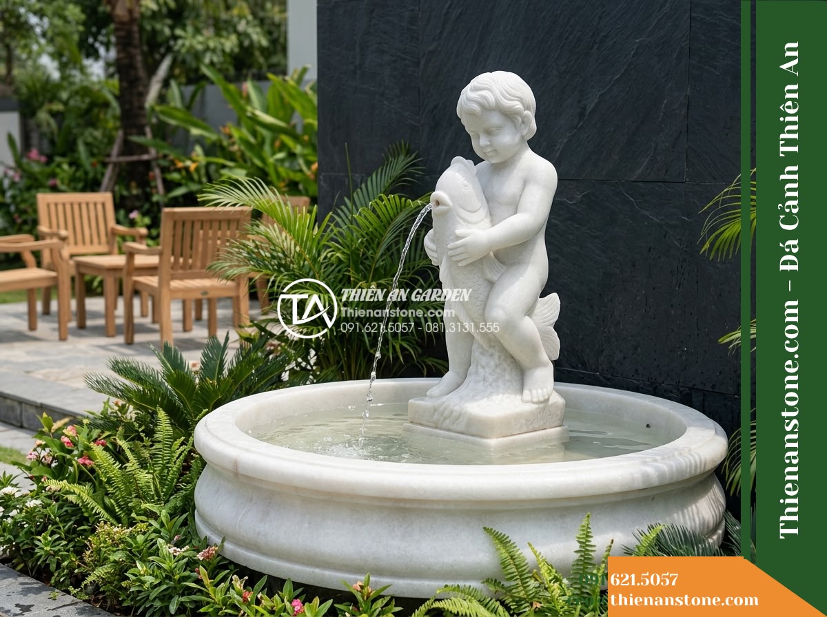 Đài Phun Tượng Chú Bé Ôm Cá Nhả Nước, Bát D1m Cao 1.4m