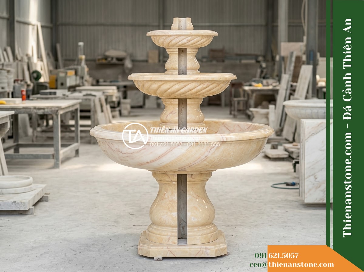 Đài Phun Vàng Ánh Kim 3 Tầng Xoáy, Bát D1.1m Cao 1.6m - Hình 17 Đài Phun Vàng Ánh Kim 3 Tầng Xoáy, Bát D1.1m Cao 1.6m - Technical dry-assembly inspection showing the modular joints, core water pipe ca