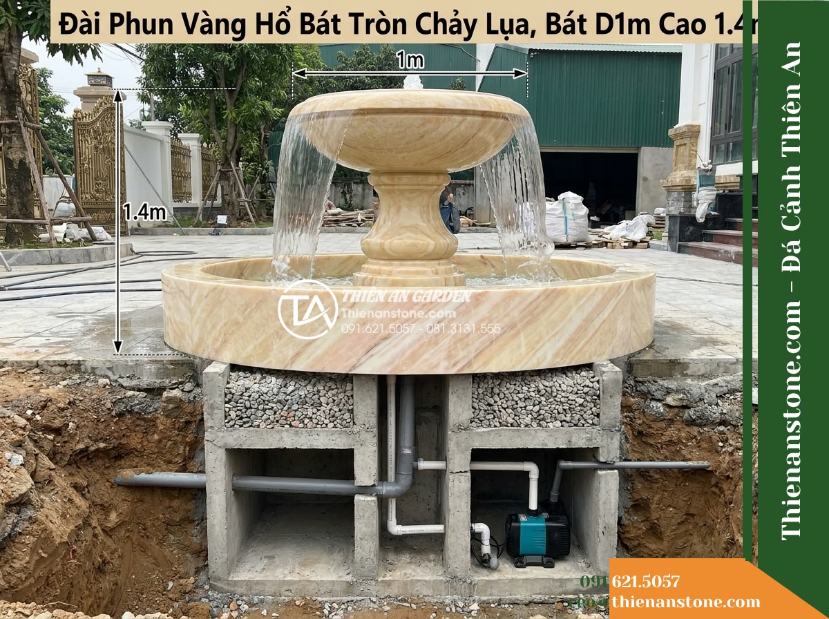 Đài Phun Vàng Hổ Bát Tròn Chảy Lụa, Bát D1m Cao 1.4m - Hình 17 Đài Phun Vàng Hổ Bát Tròn Chảy Lụa, Bát D1m Cao 1.4m - Technical cutaway view showing the independent 1.4m tall stone fountain body pos