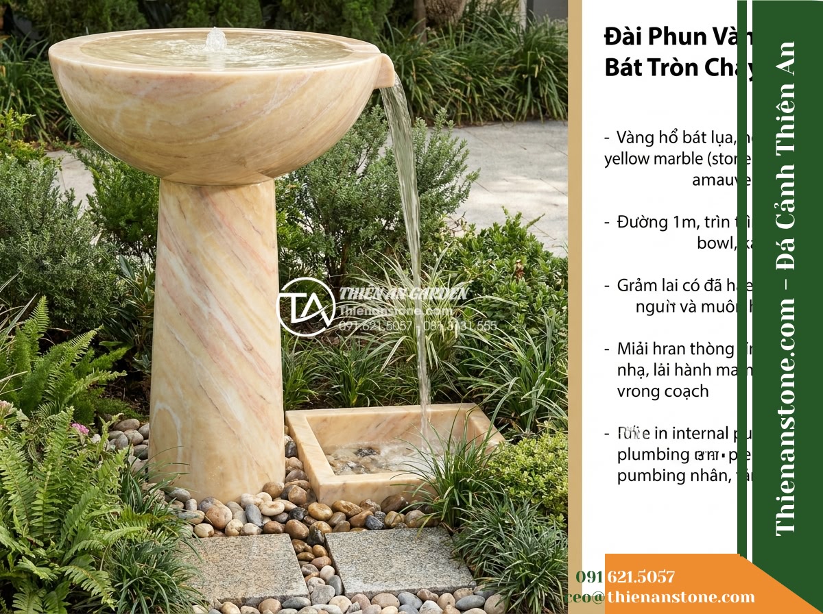 Đài Phun Vàng Hổ Bát Tròn Chảy Lụa, Bát D1m Cao 1.4m - Hình 8 Đài Phun Vàng Hổ Bát Tròn Chảy Lụa, Bát D1m Cao 1.4m - Side elevation of a standalone stone water feature showing the lower catchment z