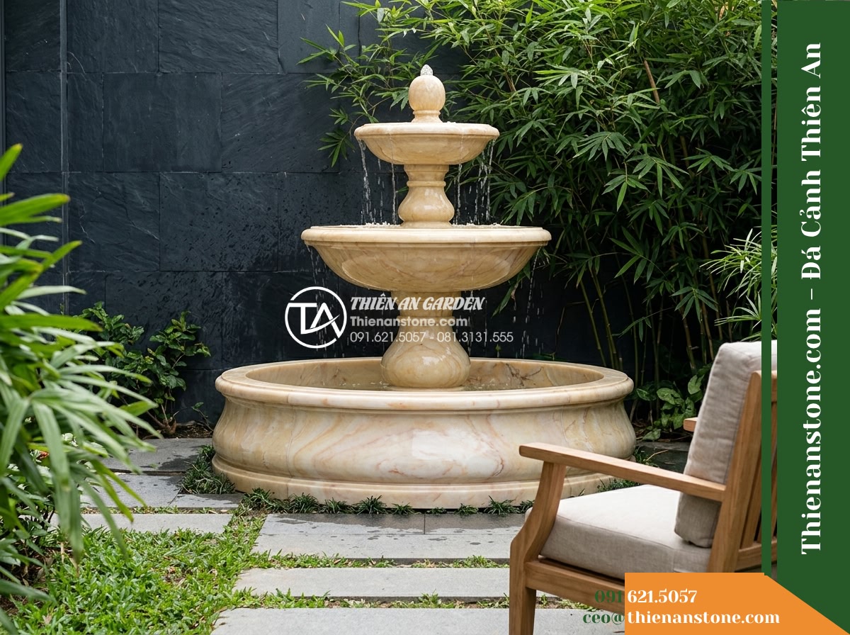 Đài Phun Vàng Nhạt 2 Tầng Bát Sâu, Bát D1.1m Cao 1.5m - Hình 9 Đài Phun Vàng Nhạt 2 Tầng Bát Sâu, Bát D1.1m Cao 1.5m - A daytime exterior architectural photograph of a private reading garden corner.