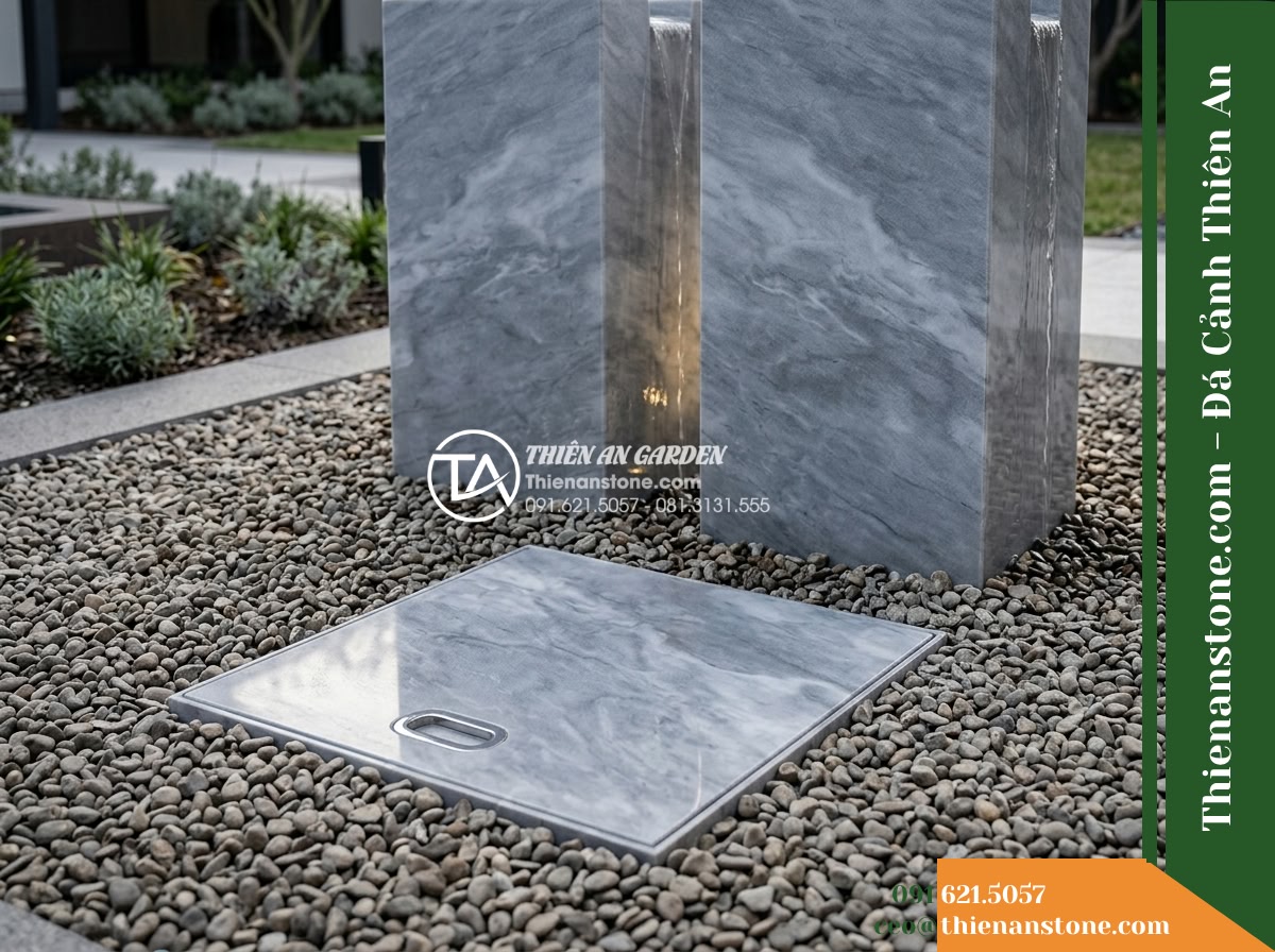 Đài Phun Xám Vân Mây Cắt Khối Cặp, 70x70cm Cao 1.1m - Hình 16 Đài Phun Xám Vân Mây Cắt Khối Cặp, 70x70cm Cao 1.1m - Ground-level perspective showing rear access area of the landscape fountain inst
