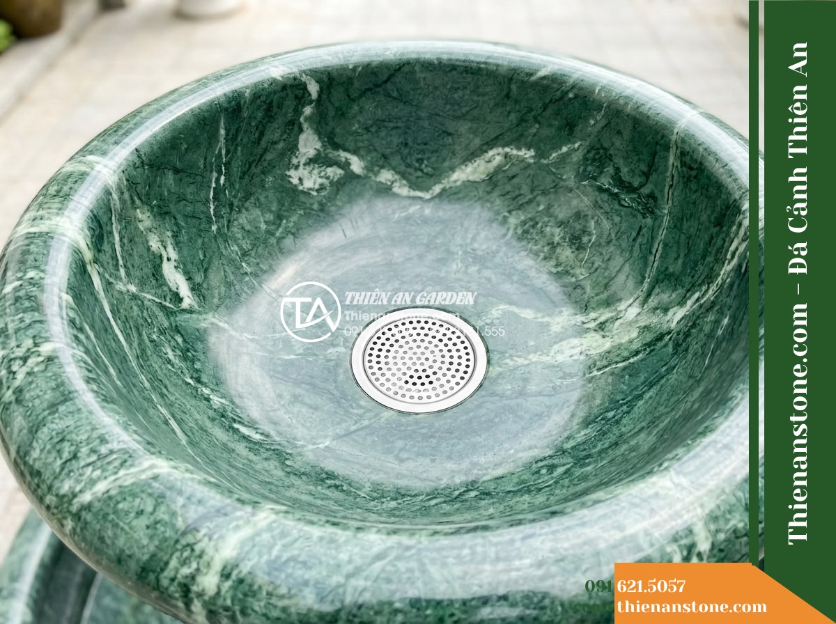 Đài Phun Xanh Lục Vân Mây Mài Mịn, Bát D1.1m Cao 1.5m