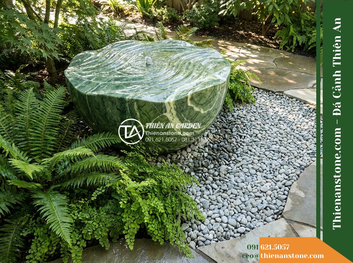 Đài Phun Xanh Ngọc Vân Sóng Mài Bóng, Bát D90cm Cao 1.4m - Hình 10 Đài Phun Xanh Ngọc Vân Sóng Mài Bóng, Bát D90cm Cao 1.4m - Alternative architectural arrangement of the same green jade fountain embedded s