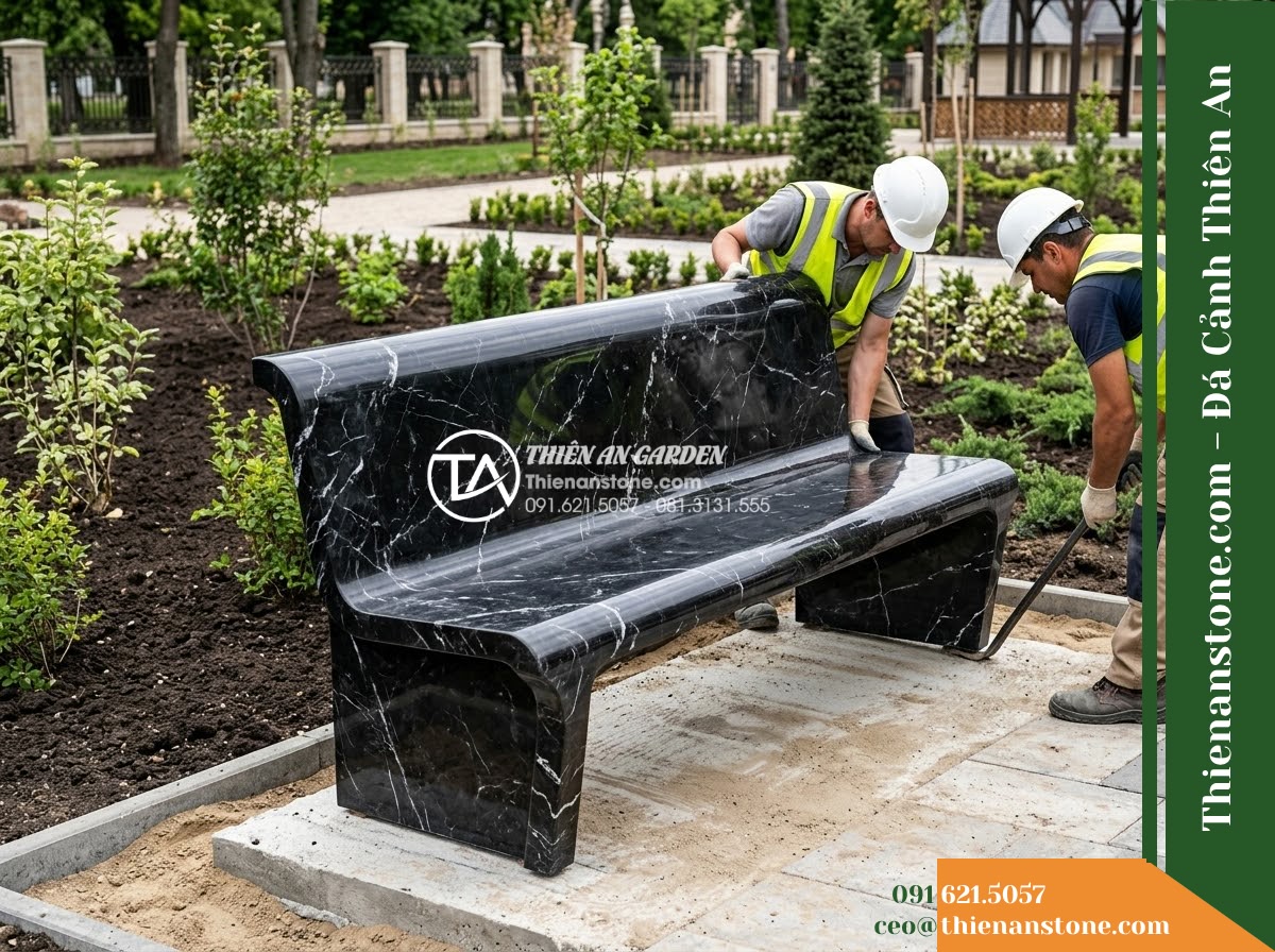 Ghế Đá Công Viên Có Tựa Bản Rộng Đại Sơn 180x55x88cm – Đá Đen Cẩm Thạch