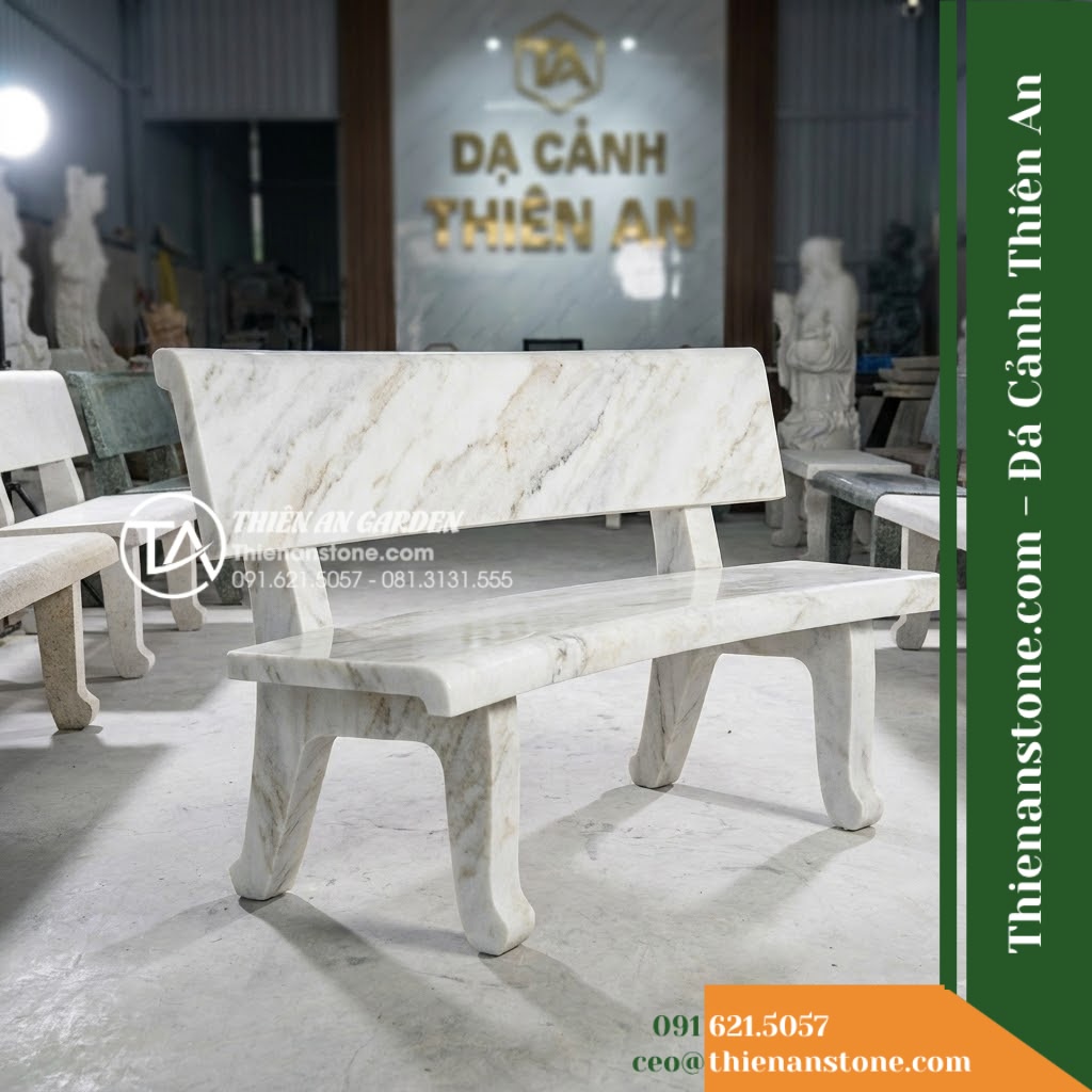 Ghế Đá Công Viên Có Tựa Bo Cong Minh Châu 150x50x82cm – Đá Trắng Cẩm Thạch