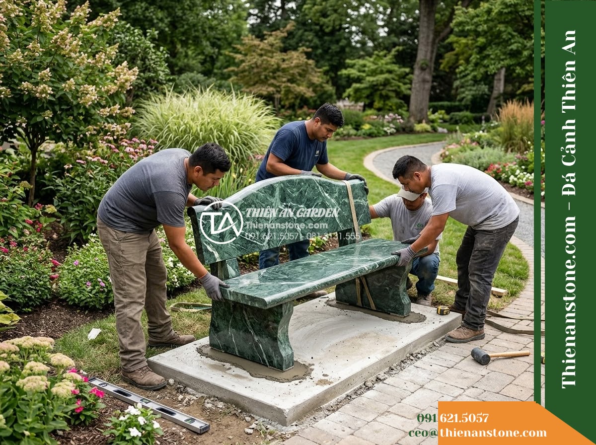 Ghế Đá Công Viên Có Tựa Cong Mềm Lục An 150x50x85cm - Đá Xanh Cẩm Thạch - Hình 5 Ghế Đá Công Viên Có Tựa Cong Mềm Lục An 150x50x85cm - Đá Xanh Cẩm Thạch - Professional installation of a green marble stone bench in a landscaped garden,