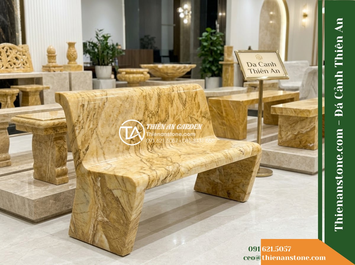 Ghế Đá Công Viên Có Tựa Kẻ Ngang Bảo An 160x50x85cm – Đá Vàng Cẩm Thạch