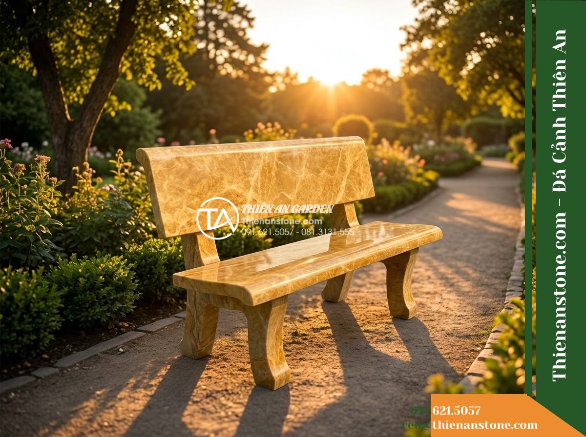 Ghế Đá Công Viên Có Tựa Rộng Song Phúc 180x55x88cm – Đá Vàng Cẩm Thạch