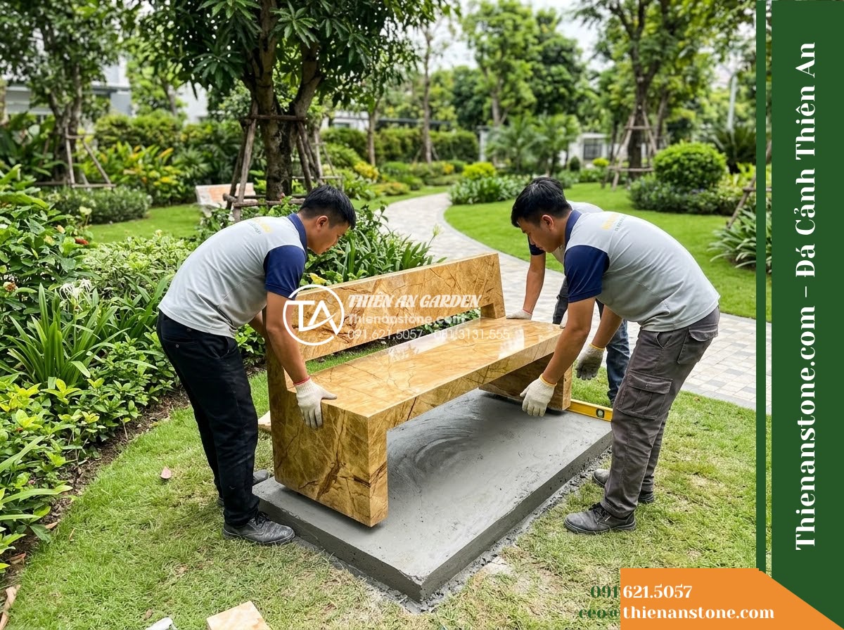 Ghế Đá Công Viên Có Tựa Thấp Tối Giản An Phúc 140x45x75cm – Đá Vàng Cẩm Thạch