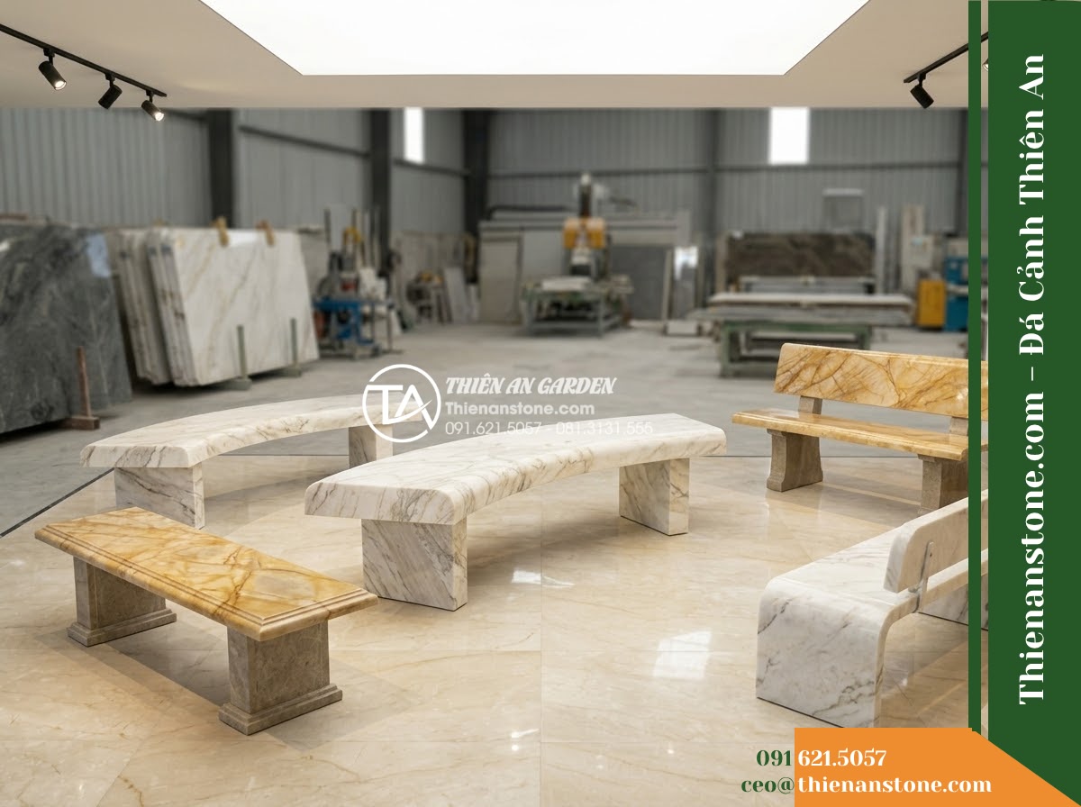 Ghế Đá Công Viên Có Tựa Thấp Tối Giản An Phúc 140x45x75cm – Đá Vàng Cẩm Thạch