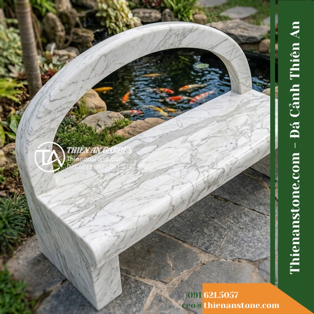 Ghế Đá Công Viên Có Tựa Vòm Nguyệt Quế 160x50x88cm – Đá Trắng Cẩm Thạch