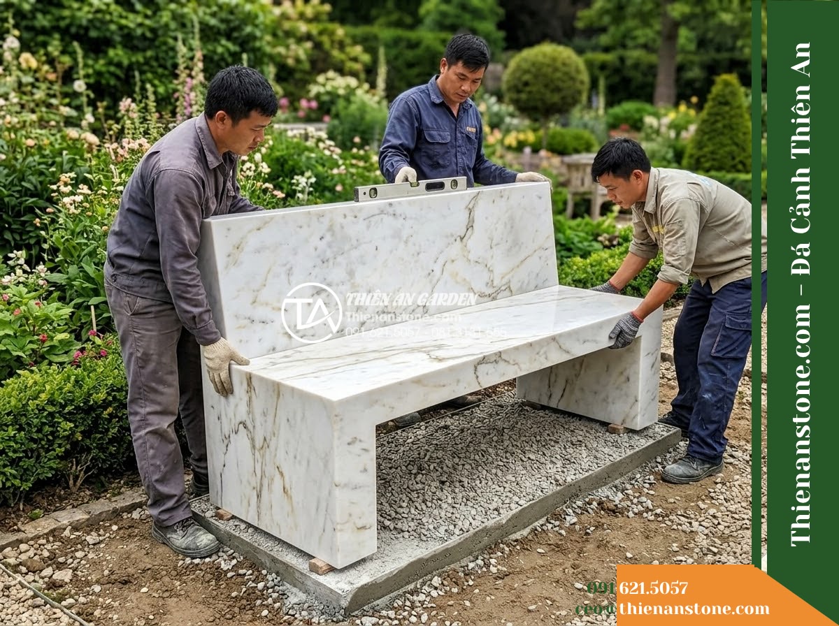 Ghế Đá Công Viên Có Tựa Vuông Chắc Khối Gia Bảo 180x55x90cm – Đá Vàng Cẩm Thạch