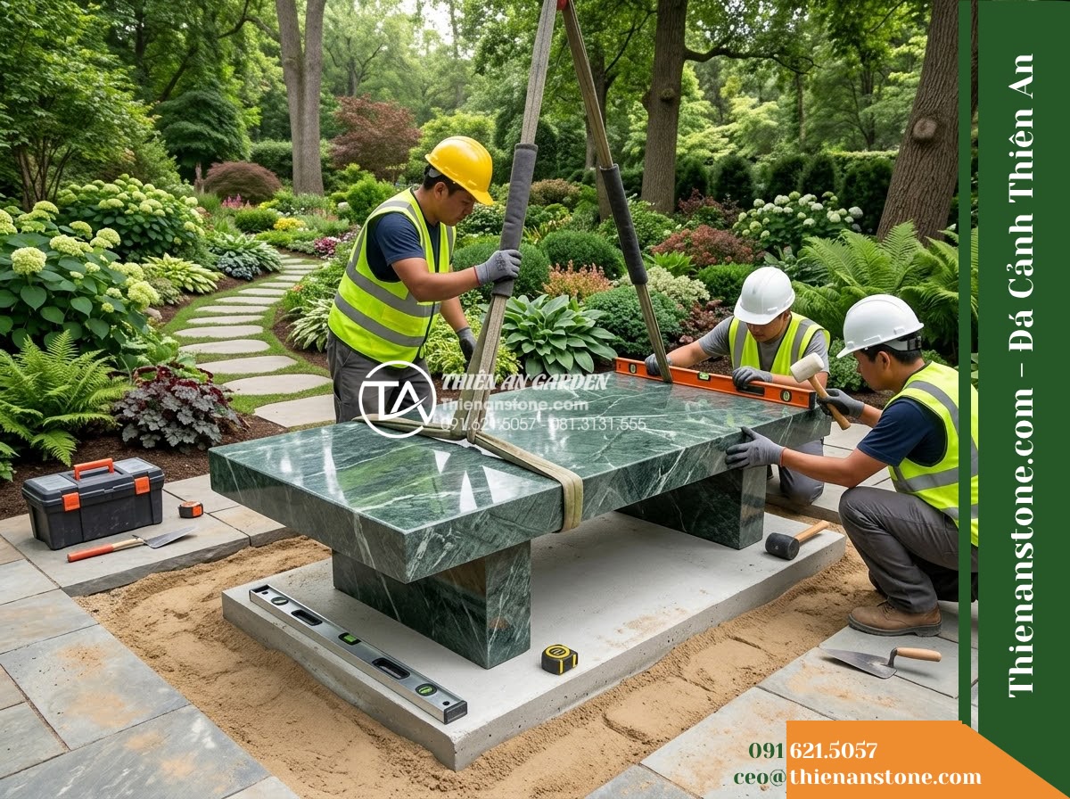 Ghế Đá Công Viên Có Tựa Vuông Đông Phương 180x55x90cm - Đá Xanh Cẩm Thạch - Hình 5 Ghế Đá Công Viên Có Tựa Vuông Đông Phương 180x55x90cm - Đá Xanh Cẩm Thạch - Professional installation of a green marble stone bench in a landscaped garden,