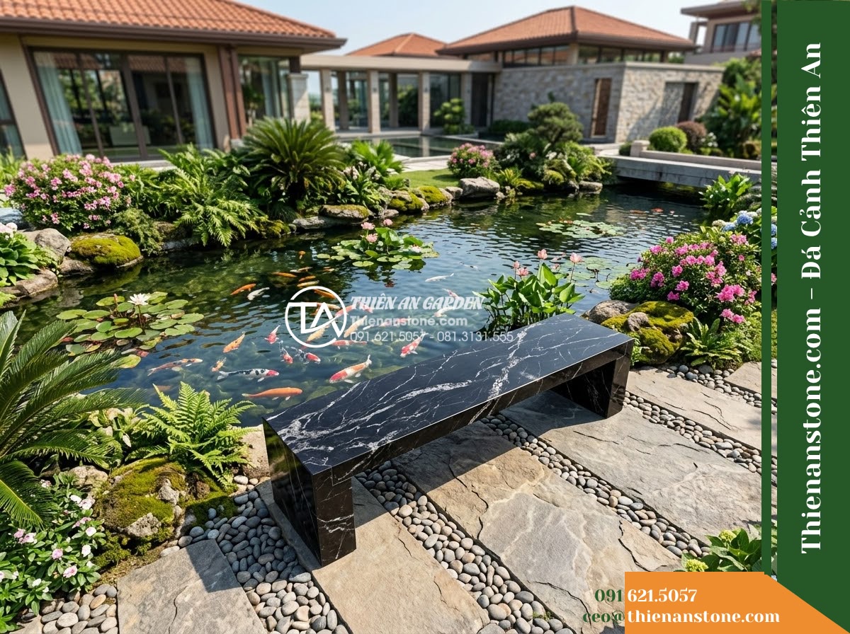 Ghế Đá Công Viên Không Tựa Băng Dài Huyền Sơn 180x45x45cm – Đá Đen Cẩm Thạch