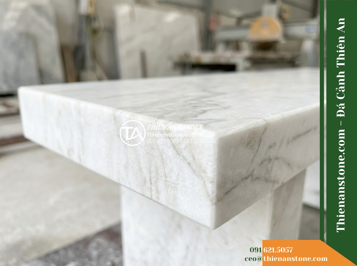Ghế Đá Công Viên Không Tựa Băng Ngắn An Lạc 120x40x45cm – Đá Trắng Cẩm Thạch