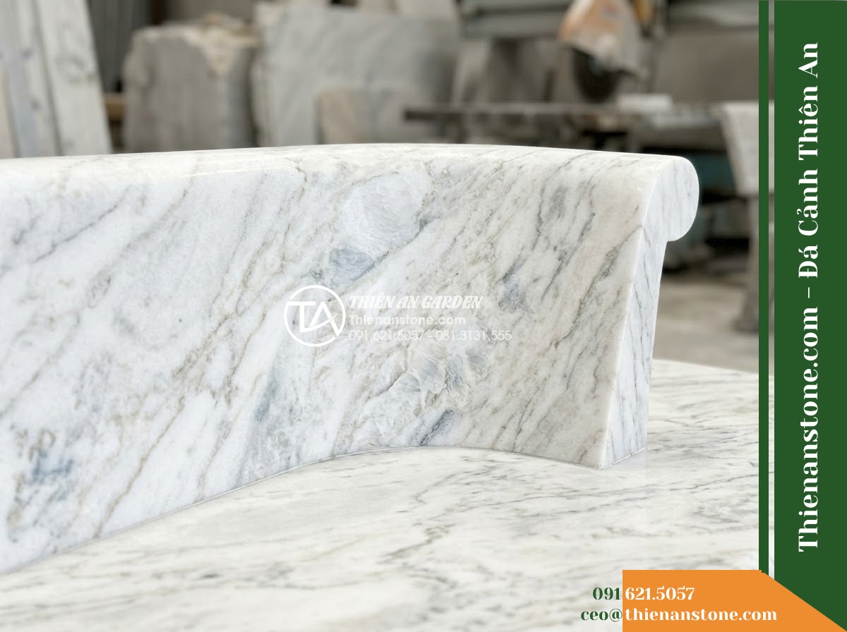 Ghế Đá Công Viên Không Tựa Bo Tròn Minh An 140x45x45cm – Đá Trắng Cẩm Thạch