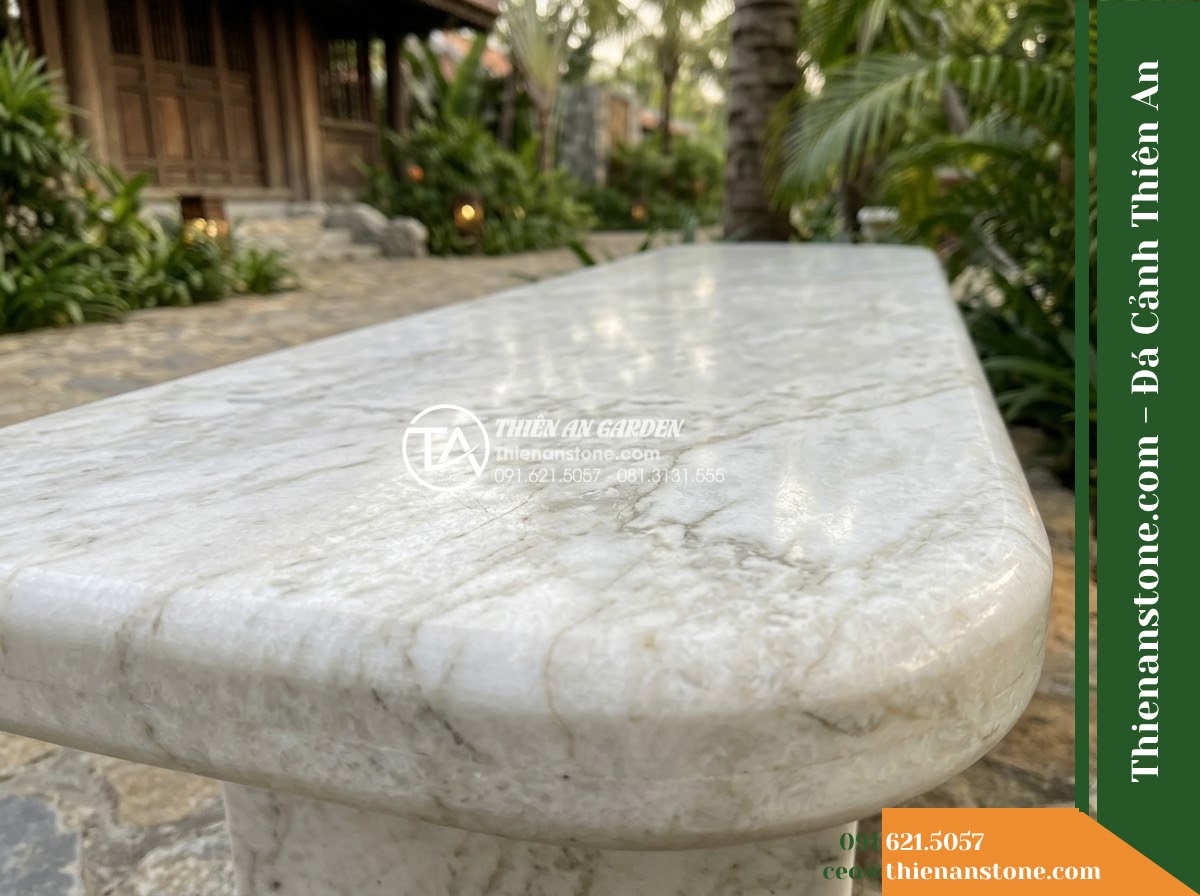 Ghế Đá Công Viên Không Tựa Bo Tròn Minh An 140x45x45cm – Đá Trắng Cẩm Thạch